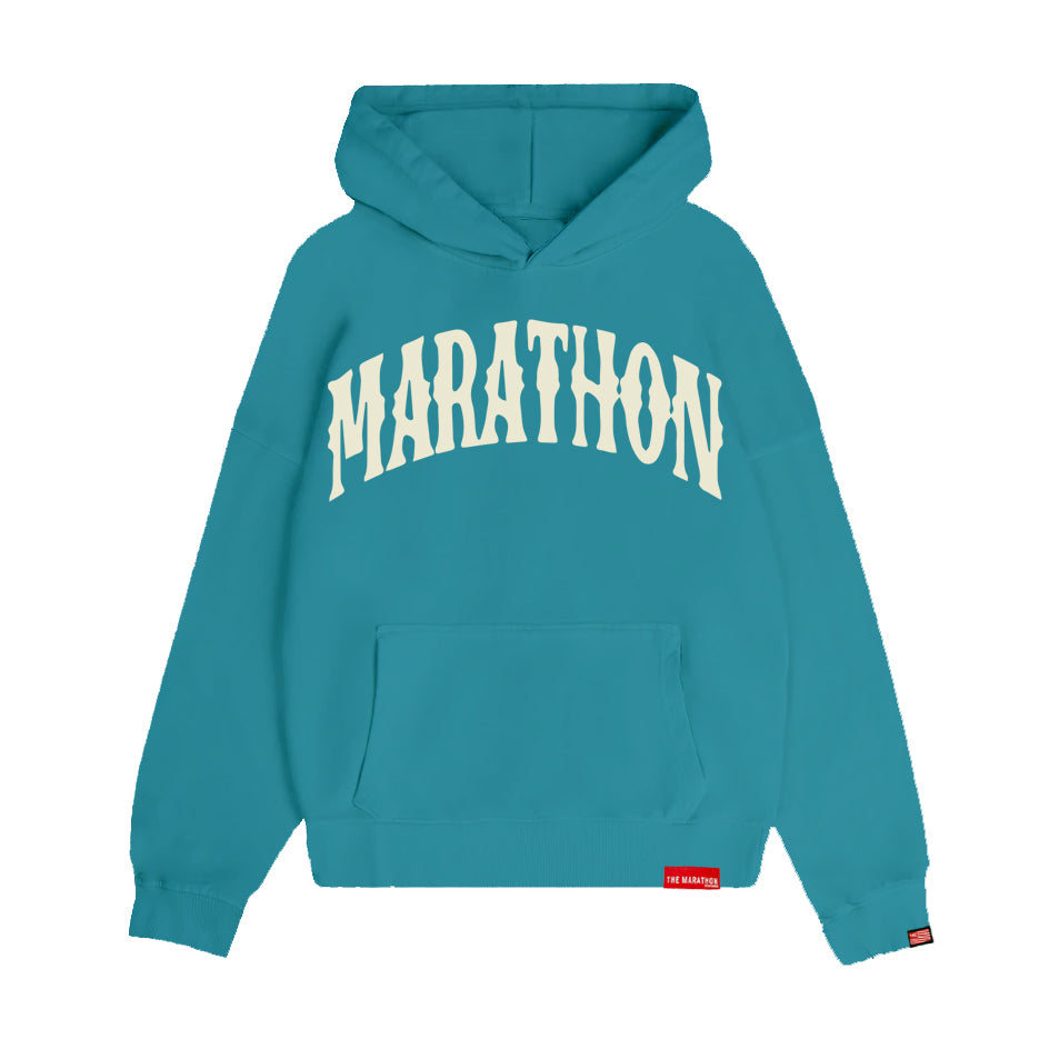 Marathon Vintage Arch Drop Shoulder Hoodie - Teal/Cream